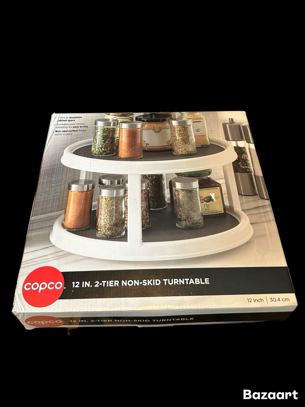 Copco Non-Skid 2-Tier Pantry Cabinet Lazy Susan Turntable, 12-inch, White/Gray